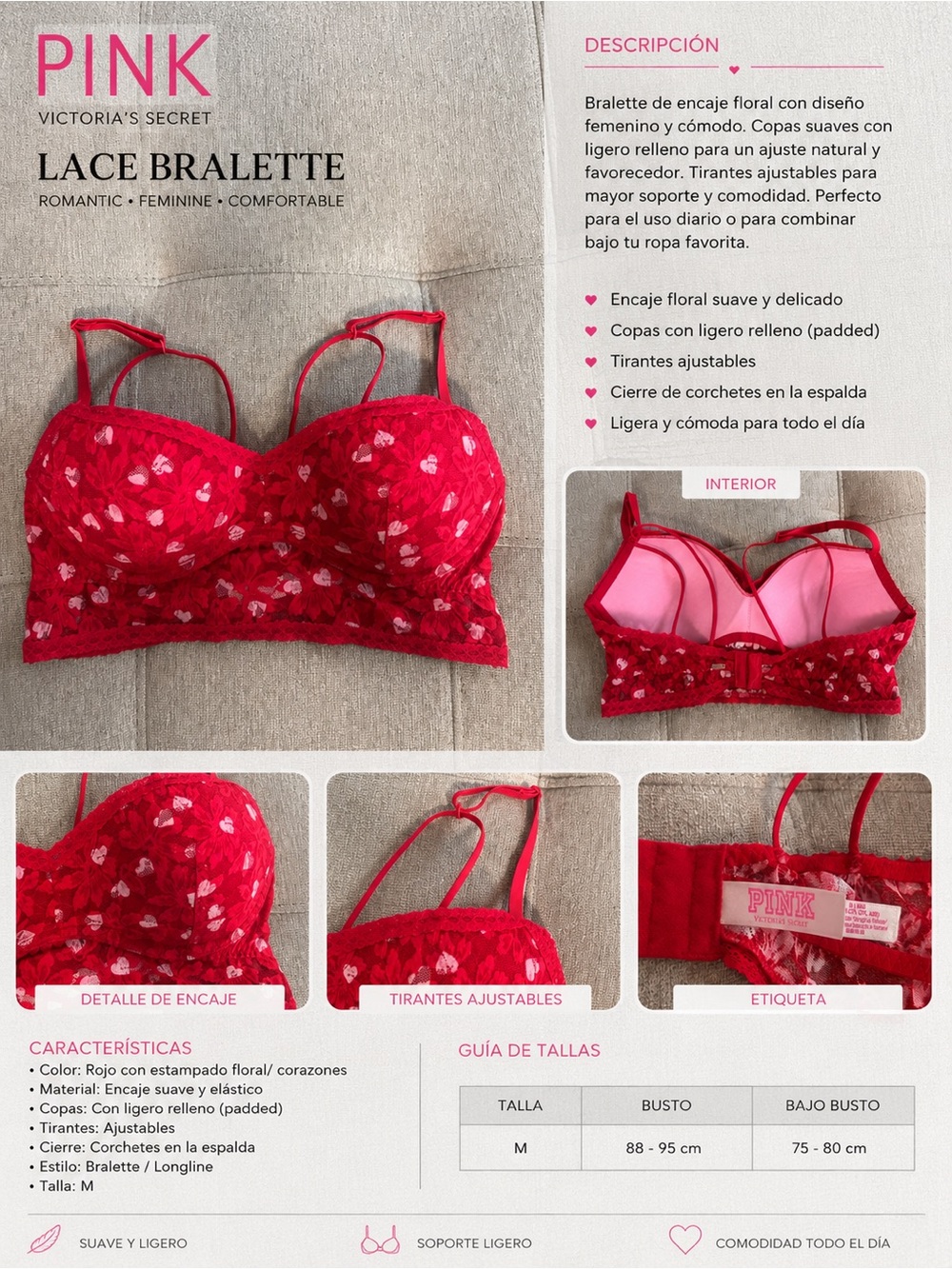 PINK Victoria's Secret Red Floral Lace Bralette